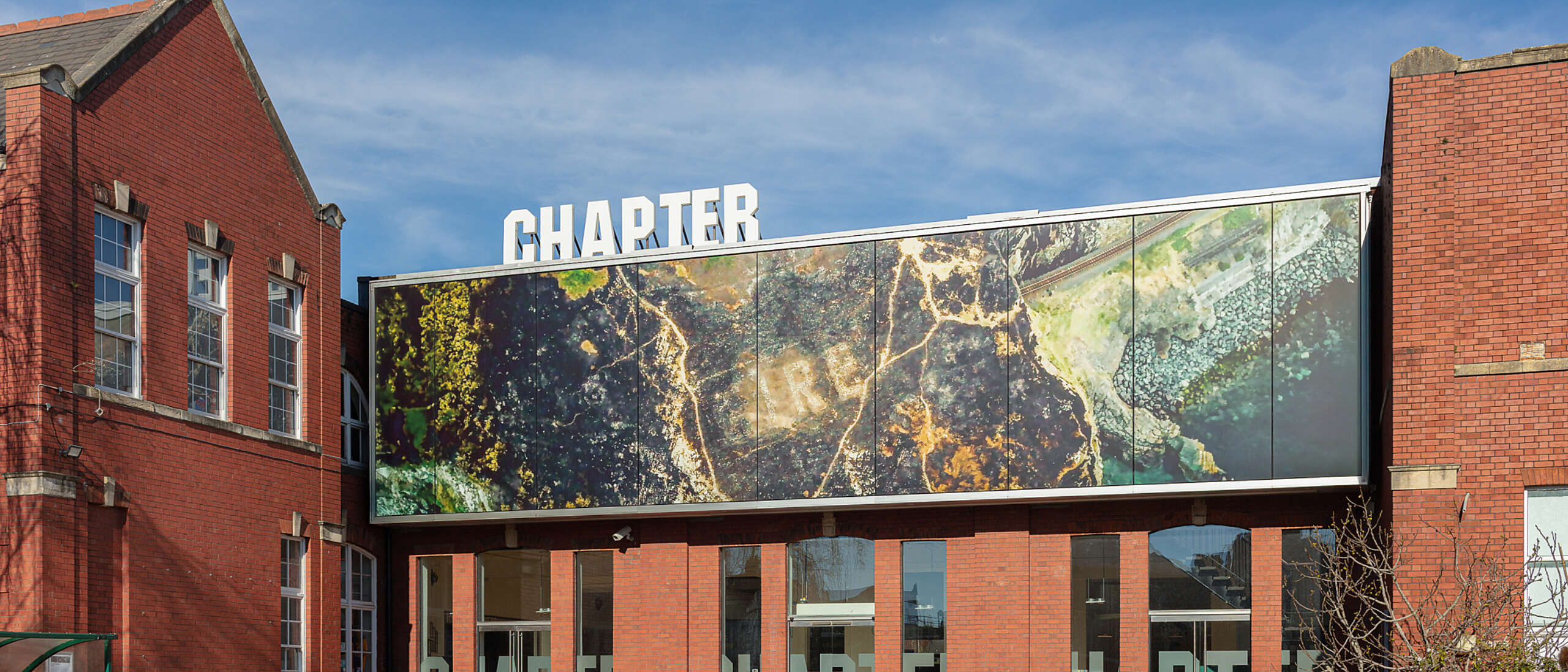The main entrance of Chapter in the distance, with some plants in the foreground.