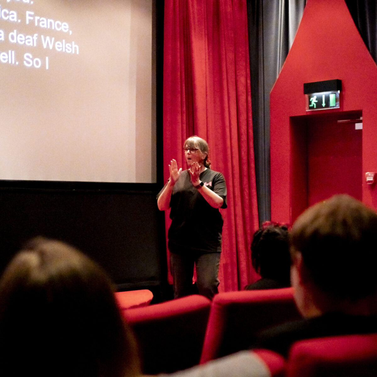An audience of people sat in a red cinema, looking at the screen and to the right a person speaks in BSL to the audience.