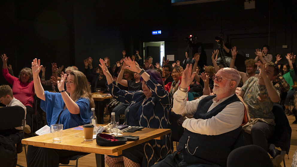 A seated audience applaud in BSL.