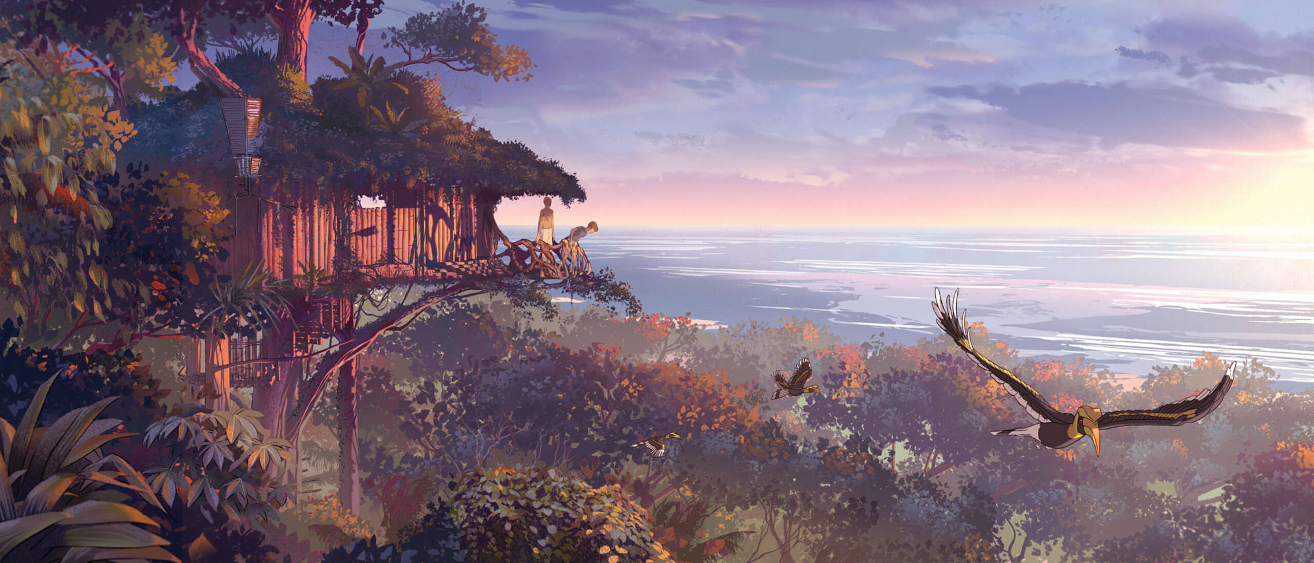 Still image from the animated film Kensuke's Kingdom. A pink and blue sunsets sets over an island that's rich in greenery. Large bird has it's wings spread and is flying to the right of the treehouse.