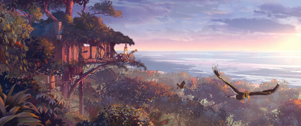 The main entrance of Chapter in the distance, with some plants in the foreground.