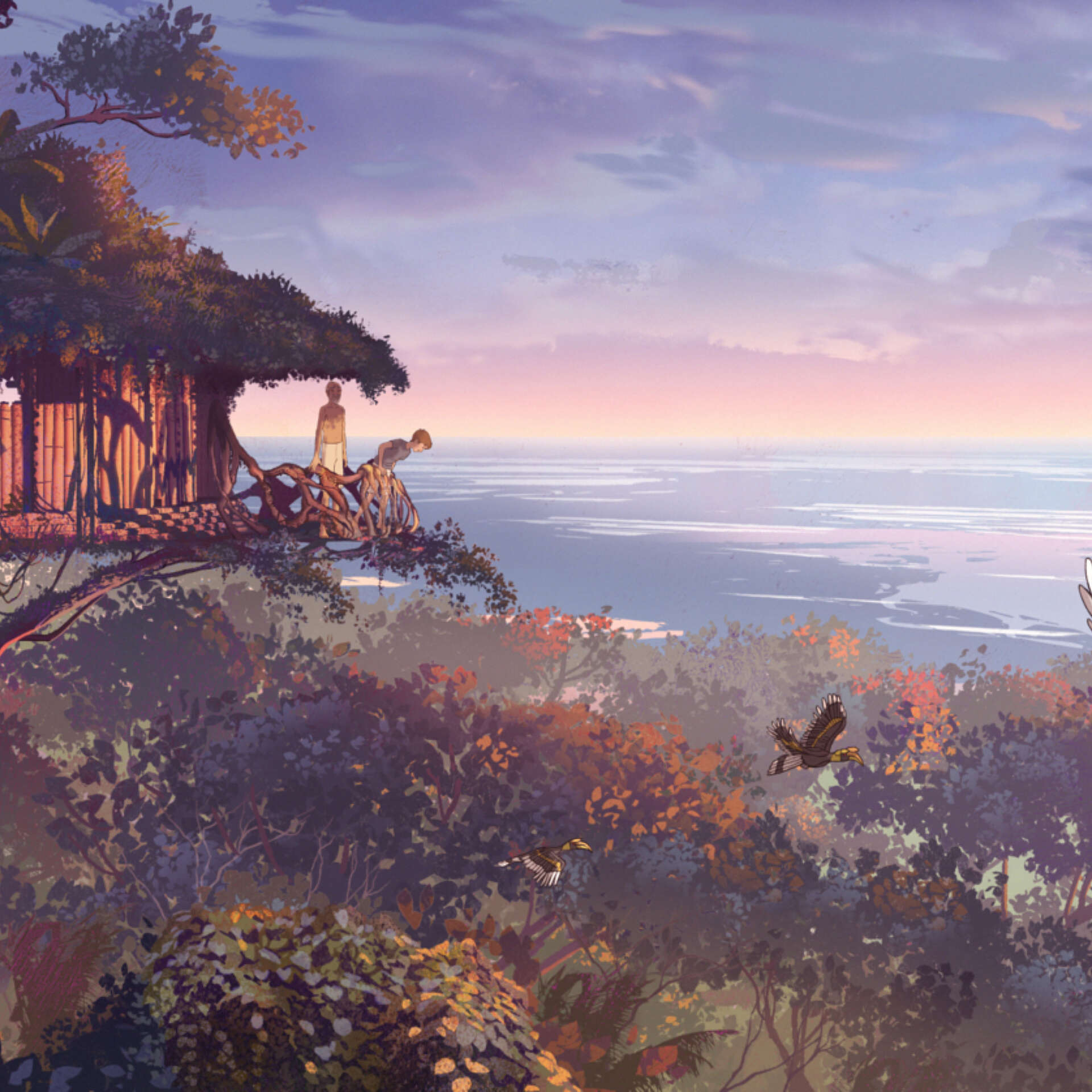 Still image from the animated film Kensuke's Kingdom. A pink and blue sunsets sets over an island that's rich in greenery. Large bird has it's wings spread and is flying to the right of the treehouse.